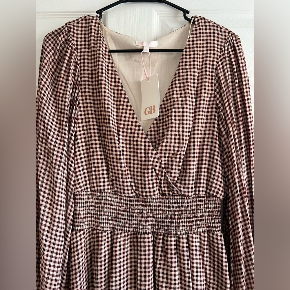 NWT GB Gianni Bini Brown Gingham V-Neck Smocked Waist Long Sleeve Dress Large - Picture 3 of 11